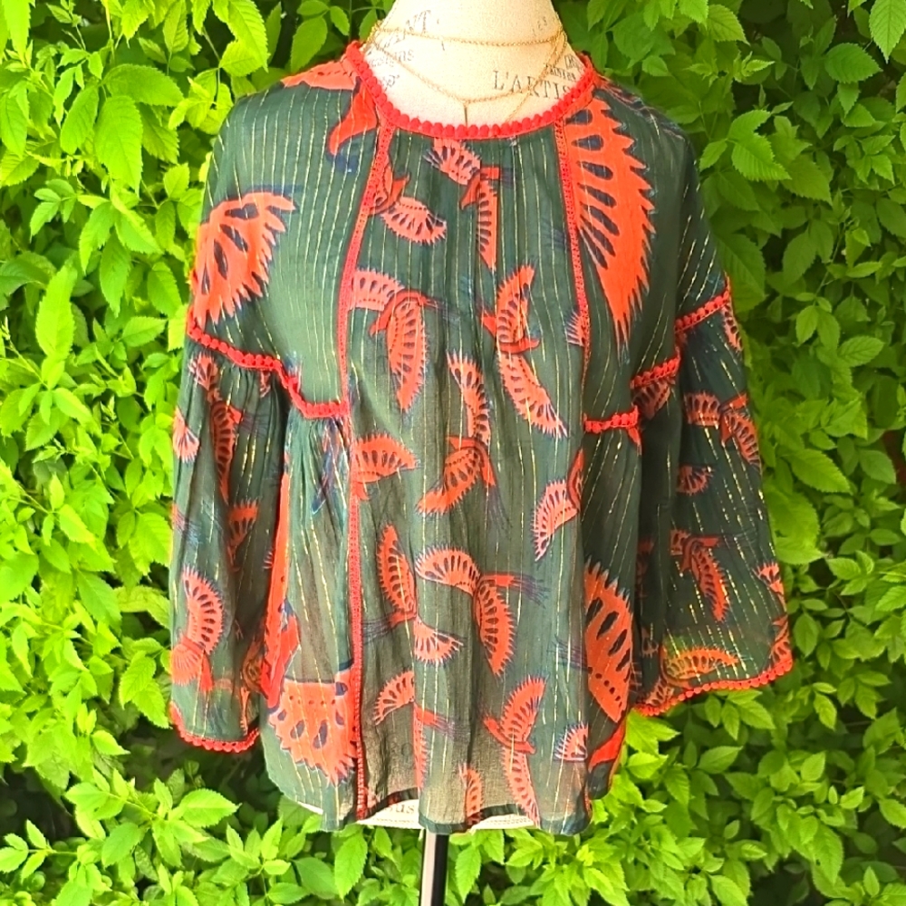 Rachel Zoe Vibrant Green and Red Leaf Blouse